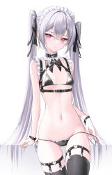 Rule 34 | 1girl, absurdres, bare arms, bikini, black bikini, black bow, black collar, black ribbon, black thighhighs, blush, bow, bow bikini, breasts, chest harness, closed mouth, collar, collarbone, commentary, cowboy shot, crossed bangs, cuffs, fingernails, frills, gluteal fold, grey hair, groin, hair between eyes, hair ribbon, harness, heart o-ring, highres, legwear garter, lis 111, long hair, looking at viewer, lowleg, lowleg bikini, maid, maid bikini, maid headdress, micro bikini, navel, o-ring, o-ring thigh strap, original, pink eyes, ribbon, side-tie bikini bottom, sidelocks, simple background, skindentation, small breasts, solo, stomach, swimsuit, symbol-only commentary, thigh gap, thigh strap, thighhighs, thighs, twintails, unconventional maid, underbust, untied bikini, very long hair, white background