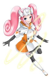 Rule 34 | 1girl, blue eyes, boots, elbow gloves, forehead protector, game console, gloves, jpeg artifacts, kaden shoujo, long hair, personification, pink hair, sega dreamcast, sega dreamcast (sega hard girls), sega hard girls, simple background, smile, solo, thigh boots, thighhighs, twintails, zettai ryouiki