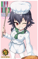 Rule 34 | 1girl, anzio (emblem), black hair, braid, chef, chef hat, dated, emblem, food, girls und panzer, happy birthday, hat, highres, kasai shin, looking at viewer, one eye closed, pantyhose, pepperoni (girls und panzer), pizza, red eyes, short hair, skirt, smile, solo