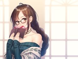 Rule 34 | 1girl, adapted costume, bare shoulders, black-framed eyewear, black choker, blush, book, box, braid, breasts, bright pupils, brown eyes, brown hair, choker, collarbone, commentary request, ear piercing, fate/grand order, fate (series), gift, gift box, glasses, heart-shaped lock, holding, holding book, holding gift, indoors, jewelry, long hair, long sleeves, looking at viewer, medium breasts, off-shoulder, off-shoulder sweater, off shoulder, open book, piercing, ring, single braid, solo, striped clothes, striped sweater, sweater, two-handed, upper body, valentine, vertical stripes, very long hair, window, yamigo, yu mei-ren (fate), yu mei-ren (first ascension) (fate)