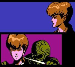 Rule 34 | 1980s (style), 1girl, 1other, blue background, brown hair, demon, game, game console, irene lew, kato masato, knife, lowres, nes, ninja gaiden, ninja ryukenden, oldschool, pixel art, purple background, retro artstyle, screencap, sequential, simple background, tecmo, weapon