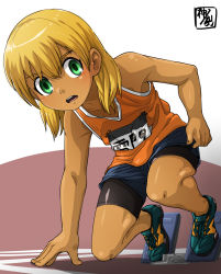 Rule 34 | androgynous, bike shorts, bike shorts under shorts, blonde hair, blush, character name, dark-skinned male, dark skin, full body, gender request, green eyes, hand on ground, highres, inazuma eleven, inazuma eleven (series), kaminosaki, pantyhose under shorts, looking at viewer, male focus, miyasaka ryou, pantyhose, safety pin, shoes, shorts, solo, sportswear, starting block, tank top, track and field, track uniform
