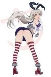 Rule 34 | 10s, 1girl, absurdres, anchor hair ornament, anchor symbol, ass, bent over, black panties, blonde hair, blush, crop top, elbow gloves, from behind, full body, gloves, green eyes, hair ornament, hair ribbon, highres, kantai collection, long hair, looking back, open mouth, panties, pleated skirt, ribbon, sailor collar, shimakaze (kancolle), shirt, simple background, skirt, sleeveless, sleeveless shirt, solo, standing, striped clothes, striped thighhighs, thighhighs, thong, underwear, very long hair, weyowang, white background, white gloves
