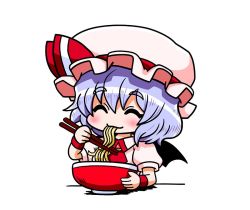 Rule 34 | 1girl, ^ ^, ascot, bat wings, blue hair, blush, bow, bowl, broom, closed eyes, collar, commentary request, dress, eating, eyebrows, closed eyes, food, hat, hat bow, mob cap, noodles, pink dress, puffy short sleeves, puffy sleeves, ramen, remilia scarlet, short hair, short sleeves, simple background, solo, touhou, wings, wrist cuffs, yamato damashi