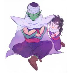Rule 34 | 2boys, :d, aged down, black hair, cape, child, colored skin, crossed arms, dragon ball, dragonball z, green skin, hat, indian style, kneeling, looking at another, male focus, multiple boys, open mouth, piccolo, pointy ears, simple background, sitting, smile, son gohan, turban, wakame (poly6), white background, wristband