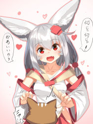 Rule 34 | 1girl, :d, ^^^, animal, animal ear fluff, animal ears, blush, commentary request, detached sleeves, dress, fang, fox ears, gradient background, hair between eyes, hair ornament, heart, heart background, long hair, long sleeves, low twintails, open mouth, original, pink background, red eyes, silver hair, smile, solo, translation request, twintails, white background, white dress, white sleeves, wide sleeves, yuuji (yukimimi)