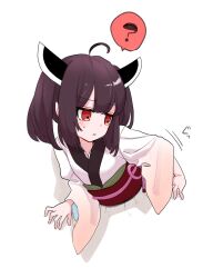 Rule 34 | 1girl, ?, ahoge, brown hair, commentary request, confused, furrowed brow, gradient kimono, headgear, highres, japanese clothes, kimono, long sleeves, looking back, medium hair, obi, obiage, obijime, parted lips, pushing, red eyes, sash, shadow, shiino (shi no q), solo, spoken question mark, stuck, sweatdrop, through wall, touhoku kiritan, twintails, voiceroid, white background, white kimono, wide sleeves