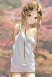 Rule 34 | 1girl, abigail williams (fate), arms behind back, bare shoulders, black bow, blonde hair, blue eyes, blush, bow, breasts, closed mouth, collarbone, dress, fate/grand order, fate (series), forehead, hair bow, highres, long hair, looking at viewer, multiple hair bows, open mouth, orange bow, parted bangs, sakazakinchan, short dress, sidelocks, small breasts, solo, strap slip, thighs, white dress
