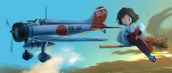 Rule 34 | 1girl, a5m, aircraft, airplane, bamboo broom, broom, broom riding, cloud, flying, imperial japanese navy, inui (jt1116), japanese clothes, japanese flag, miko, military, short hair, sidesaddle, smile, solo, sword, tabi, vehicle focus, weapon, world war ii