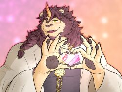 Rule 34 | 1boy, animal ears, bara, black shirt, blush, braid, claws, commentary, dated, english commentary, fang, furry, furry male, heart, heart hands, highres, horns, jewelry, lab coat, lion boy, lion ears, lion mane, looking at viewer, male focus, necklace, one eye closed, pawpads, pazuzu (housamo), shirt, signature, single horn, skin fang, syoudrealvarez, tokyo houkago summoners