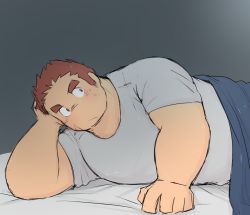 Rule 34 | 1boy, 3c pan, bara, blanket, blush, brown hair, facial hair, facial scar, grey shirt, tamamura gunzo, large pectorals, long sideburns, looking up, lying, male focus, muscular, muscular male, on bed, on side, pectorals, scar, scar on cheek, scar on face, shirt, short hair, sideburns, solo, spiked hair, stubble, sweatdrop, thick eyebrows, tokyo houkago summoners, unfinished, upper body