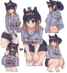 Rule 34 | 1girl, :o, alternate breast size, auraaa, barefoot, black shorts, blush, breasts, collarbone, frown, grey hoodie, hair behind ear, handheld game console, hands on own thighs, highres, holding, holding handheld game console, hololive, hololive english, hood, hoodie, medium breasts, mole, mole under eye, multiple views, ninomae ina&#039;nis, nintendo switch, pointy ears, purple eyes, purple hair, short shorts, shorts, squatting, takodachi (ninomae ina&#039;nis), tentacle hair, virtual youtuber
