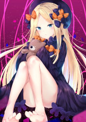 Rule 34 | 1girl, abigail williams (fate), bad id, bad pixiv id, bare legs, barefoot, black bow, black dress, black hat, blonde hair, blue eyes, blush, bow, bug, butterfly, closed mouth, dress, fate/grand order, fate (series), feet, forehead, hair bow, hat, highres, holding, holding stuffed toy, insect, long hair, long sleeves, looking at viewer, orange bow, parted bangs, polka dot, polka dot bow, sleeves past wrists, solo, stuffed animal, stuffed toy, tamakinoki, teddy bear, toes, very long hair
