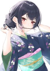 Rule 34 | 1girl, arms up, black hair, blush, floral print, hair bun, hair ornament, hair stick, hayashi kewi, highres, idolmaster, idolmaster shiny colors, looking at viewer, morino rinze, mouth hold, obi, red eyes, sash, simple background, single hair bun, solo, upper body, white background, wide sleeves