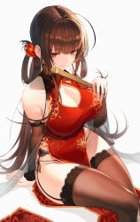 Rule 34 | 1girl, ahoge, arm warmers, bare shoulders, black panties, breasts, brown hair, brown thighhighs, china dress, chinese clothes, cleavage, cleavage cutout, clothing cutout, dress, dsr-50 (girls&#039; frontline), dsr-50 (red peony) (girls&#039; frontline), flower, garter belt, girls&#039; frontline, hair flower, hair ornament, hair rings, holding, large breasts, long hair, looking at viewer, official alternate costume, panties, pelvic curtain, pro-p, red dress, red eyes, red flower, side-tie panties, sidelocks, simple background, sitting, sleeveless, sleeveless dress, solo, thighhighs, thighs, underwear, very long hair, white background