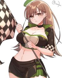 1girl beret black_jacket black_skirt blush breasts brown_eyes brown_hair checkered_flag cleavage cowboy_shot crop_top cropped_jacket flag frown green_hat hat highres holding holding_flag jacket kantai_collection large_breasts long_hair looking_at_viewer matsunaga_(haku) midriff navel ooi_(kancolle) race_flag race_queen skirt solo twitter_username