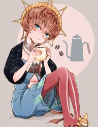 Rule 34 | 1girl, absurdres, belt, black sleeves, blue eyes, blue overalls, braid, brown hair, coffee mug, coffee pot, crown braid, cup, fate/grand order, fate (series), hat, highres, holding, holding cup, knees up, long hair, mug, navel, overalls, pantyhose, puffy sleeves, shimogamo (shimomo 12), sitting, solo, straw hat, unzipped, van gogh (fate), yellow hat