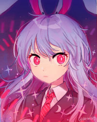 Rule 34 | 1girl, animal ears, arin (fanfan013), artist name, aura, blazer, bright pupils, bullet, closed mouth, collared shirt, commentary request, crescent, crescent pin, danmaku, glint, glowing, hair between eyes, highres, jacket, light particles, light purple hair, long hair, looking at viewer, necktie, pink eyes, pink necktie, purple background, rabbit ears, reisen udongein inaba, shirt, sidelocks, solo, sparks, striped necktie, striped neckwear, touhou, twitter username, upper body, white pupils, white shirt, wing collar