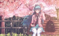 Rule 34 | 1girl, 39, absent, aqua hair, backpack, bag, bench, cherry blossoms, closed eyes, digital media player, fence, grey shirt, hatsune miku, headphones, highres, long hair, necktie, outdoors, ponytail, project diva (series), project diva f, ribbon girl (module), shirt, sitting, skirt, solo, thighhighs, unworn backpack, unworn bag, very long hair, vocaloid, white thighhighs