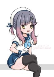 Rule 34 | 1girl, black thighhighs, blue neckerchief, blue ribbon, blue skirt, dated, feet out of frame, gloves, gradient hair, hat, kantai collection, looking at viewer, masara (chuujou), multicolored hair, neckerchief, open mouth, orange hair, pleated skirt, puffy short sleeves, puffy sleeves, purple eyes, purple hair, ribbon, sailor hat, school uniform, serafuku, short hair, short sleeves, sidelocks, simple background, skirt, smile, solo, thighhighs, tsushima (kancolle), twitter username, white background, white gloves, white hat