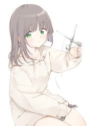 Rule 34 | 1girl, absurdres, blush, brown hair, closed mouth, cutting hair, cutting own hair, dress, green eyes, highres, holding, holding hair, holding scissors, hood, hoodie, long hair, long hoodie, long sleeves, looking at viewer, maigoyaki, original, scissors, simple background, sitting, solo, white background, white dress, white hoodie