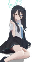 Rule 34 | 1girl, absurdres, aris (blue archive), black hair, blue archive, blue eyes, collared shirt, hairband, halo, hand up, highres, kumare yuki, long hair, looking to the side, necktie, one eye closed, one side up, shirt, short sleeves, sitting, skirt, smile, socks, solo, very long hair
