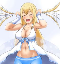 Rule 34 | 10s, 1girl, ^ ^, amagi brilliant park, armpits, bare shoulders, blonde hair, blue pantyhose, blush, bracer, breasts, center opening, cleavage, closed eyes, closed eyes, female focus, finalcake, large breasts, long hair, navel, no bra, open mouth, pantyhose, playing with own hair, solo, sylphy (amaburi), toned, two side up