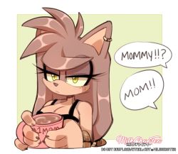 Rule 34 | 1girl, animal ears, artist name, bad id, bad twitter id, bangle, bare shoulders, bracelet, breasts, brown eyeshadow, brown hair, cleavage, closed mouth, coffee mug, commentary, cup, dark-skinned female, dark skin, earrings, english commentary, english text, eyeliner, frown, furry, furry female, green background, highres, holding, holding cup, jewelry, kaijumilk (milkchaotea), long hair, looking away, looking to the side, makeup, mole, mole under eye, mug, original, simple background, slit pupils, solo, speech bubble, spiked hair, sweatdrop, upper body, very long hair, yellow eyes