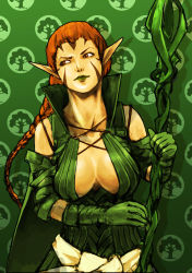 Rule 34 | 1girl, bare shoulders, best regards mr, braid, breasts, brown eyes, brown hair, cape, female focus, gloves, gradient background, green gloves, green lips, highres, large breasts, lipstick, magic: the gathering, makeup, nissa revane, pointy ears, sash, single braid, solo, staff