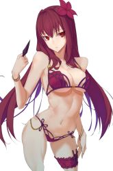 Rule 34 | 1girl, bare shoulders, bikini, bracelet, breasts, cleavage, fate/grand order, fate (series), highres, hiko (630090143), jewelry, kunai, large breasts, long hair, navel, purple bikini, purple hair, red eyes, scathach (fate), scathach (fate), scathach (swimsuit assassin) (fate), simple background, solo, swimsuit, underboob, very long hair, weapon, white background