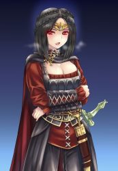Rule 34 | 1girl, absurdres, armor, black hair, black pants, blouse, blue background, bracer, braid, breastplate, breasts, breath, cape, cleavage, commentary request, cowboy shot, crossed arms, crown, crown braid, fang, glowing, glowing eyes, highres, looking at viewer, medium breasts, medium hair, nyaou (round facer), open mouth, pants, pin, red eyes, red shirt, scabbard, serana, sheath, sheathed, shirt, simple background, sleeves past wrists, slit pupils, solo, standing, sword, the elder scrolls, the elder scrolls v: skyrim, vampire, weapon
