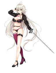 Rule 34 | absurdres, ahoge, arm up, bad id, bad pixiv id, bikini, black bikini, black footwear, black gloves, blush, breasts, buckle, cleavage, commentary request, fate/grand order, fate (series), full body, gloves, grey hair, grin, high heels, highres, holding, holding sword, holding weapon, jeanne d&#039;arc (fate), jeanne d&#039;arc alter (fate), jeanne d&#039;arc alter (swimsuit berserker) (fate), long hair, long sleeves, looking at viewer, medium breasts, navel, o-ring, o-ring bikini, o-ring top, parted lips, pink thighhighs, rinringyo, shrug (clothing), simple background, single thighhigh, smile, solo, standing, stomach, swimsuit, sword, tachi-e, teeth, thighhighs, v-shaped eyebrows, very long hair, weapon, white background, yellow eyes