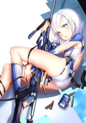 Rule 34 | absurdres, ass, bare back, between legs, braid, breasts, grey eyes, gun, hand between legs, highres, juesnow, leotard, looking at viewer, lying, on side, parted lips, rifle, shell casing, short hair, single toe, small breasts, sniper rifle, socks, solo, toeless legwear, toes, trefoil, twin braids, weapon, white hair