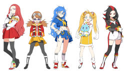 Rule 34 | 5girls, armband, black hair, black legwear, blonde hair, blue eyes, blue hair, chao (sonic), cream the rabbit, dr. eggman, genderswap, genderswap (mtf), gloves, goggles, knuckles the echidna, long hair, midriff, multicolored hair, multiple girls, navel, pantyhose, personification, popqn, red eyes, shadow the hedgehog, skirt, sonic (series), sonic the hedgehog, tails (sonic), thighhighs, torn clothes, torn skirt, twintails, two-tone hair, white background