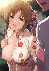 Rule 34 | 1boy, 1girl, :d, blush, breasts, brown hair, cleavage, collarbone, commentary request, flashing, floral print, hair ornament, highres, idolmaster, idolmaster cinderella girls, japanese clothes, kimono, large breasts, long hair, long sleeves, mk (mod0), niiko (gonnzou), nipples, no bra, one breast out, open clothes, open kimono, open mouth, oppai challenge, outdoors, shirt, smile, solo focus, totoki airi, white shirt, yellow eyes, yellow kimono
