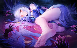 Rule 34 | 1girl, bare legs, bare shoulders, barefoot, blue dress, breasts, chinese clothes, detached sleeves, dress, foreshortening, hair between eyes, high-low skirt, highres, honkai: star rail, honkai (series), ice shard, jingliu (honkai: star rail), long hair, looking at viewer, medium breasts, red eyes, senba (592683801), soles, solo, thighs, toes, white hair