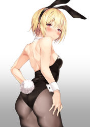 Rule 34 | 1girl, animal ears, ass, back, bad id, bad pixiv id, bare shoulders, blonde hair, blush, breasts, closed mouth, detached collar, fake animal ears, gradient background, grey background, hair between eyes, highres, idolmaster, idolmaster shiny colors, leotard, looking at viewer, looking back, offton cover, pantyhose, playboy bunny, purple eyes, rabbit ears, rabbit tail, saijo juri, short hair, small breasts, solo, strapless, strapless leotard, tail, thighs, wrist cuffs