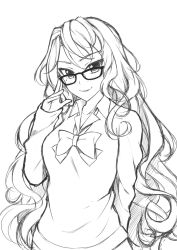 Rule 34 | 1girl, bad id, bad pixiv id, bow, bowtie, collared shirt, furi2play!, glasses, greyscale, head tilt, long hair, long sleeves, looking at viewer, mole, mole under eye, monochrome, parted lips, peach88, shirt, simple background, sketch, smile, solo, very long hair, wavy hair, white background