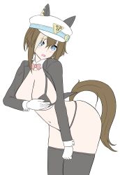 Rule 34 | absurdres, alternate costume, animal ears, blue eyes, blush, breasts, cheval grand (umamusume), cleavage, covering breasts, covering privates, dewanewbie, gloves, hair between eyes, hat, highres, horse ears, horse girl, horse tail, large breasts, looking at viewer, meme attire, navel, open mouth, reverse bunnysuit, reverse outfit, tail, thighhighs, umamusume, white background