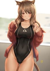 Rule 34 | 1girl, alternate costume, animal ears, arknights, artist logo, bare legs, black one-piece swimsuit, blurry, blurry background, blush, breasts, brown hair, cat ears, cat tail, cleavage, collarbone, competition swimsuit, covered navel, cowboy shot, day, ear piercing, finalcake, gluteal fold, groin, hair between eyes, highres, jacket, large breasts, long hair, looking at viewer, off shoulder, one-piece swimsuit, open clothes, open jacket, outdoors, piercing, red eyes, red jacket, sideboob, skin tight, skyfire (arknights), smile, solo, standing, straight hair, swimsuit, tail, thigh gap, thighs