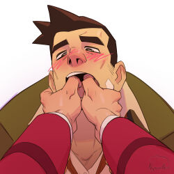 Rule 34 | 2boys, absurdres, ace attorney, artist name, bandaid, bandaid on cheek, bandaid on face, bara, black hair, blush, collared shirt, dick gumshoe, finger to another&#039;s mouth, green jacket, highres, jacket, male focus, miles edgeworth, multiple boys, nyuudles, open mouth, phoenix wright: ace attorney, shirt, short hair, solo focus, white shirt, yaoi