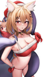 Rule 34 | 1girl, :3, ahoge, animal ear fluff, animal ears, armpits, bare arms, bare shoulders, bell, bikini, black choker, blonde hair, breasts, cat ears, choker, christmas, cleavage, collarbone, cowboy shot, facial mark, fur trim, gloves, hair ornament, hairclip, halterneck, hand on own hip, hat, holding, jingle bell, large breasts, long hair, looking at viewer, navel, red bikini, red eyes, red gloves, sack, santa hat, shyrei faolan, skai kun, solo, stomach, string bikini, swimsuit, tentacles, thighs, tongue, tongue out, virtual youtuber, vyugen, x hair ornament