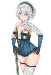 Rule 34 | 1girl, absurdres, asymmetrical clothes, bandaged arm, bandaged leg, bandaged neck, bandages, bare shoulders, black gloves, black hairband, black ribbon, blue dress, blue eyes, blush, bob cut, breasts, breasts apart, cleavage, closed mouth, collarbone, cosplay, covered eyes, cowboy shot, dress, eyelashes, frills, gloves, hair between eyes, hairband, hand on hilt, hand on own hip, has bad revision, highres, kaine (nier), kaine (nier) (cosplay), legs together, lingerie, md5 mismatch, medium breasts, mole, mole under mouth, negligee, nier, nier:automata, nier (series), no blindfold, panties, pink lips, planted, resolution mismatch, ribbon, sash, short hair, silver hair, simple background, single thighhigh, smile, solo, source smaller, standing, strap gap, sword, thigh strap, thighhighs, thighs, tosaka teru, underwear, vambraces, weapon, white background, white panties, 2b (nier:automata)