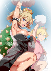 Rule 34 | 2girls, arm up, armlet, armpits, bare arms, bare legs, bare shoulders, black dress, blonde hair, blue eyes, bouncing breasts, bowsette, breasts, character name, cheering, cleavage, collar, collarbone, crown, dated, dress, earrings, fang, forked eyebrows, hair between eyes, highres, holding, holding pom poms, horns, jewelry, knee up, large breasts, long hair, looking at another, looking at viewer, mario (series), medium breasts, motion blur, multiple girls, new super mario bros. u deluxe, nintendo, nyuu (manekin-eko), open mouth, outstretched arm, pom pom (cheerleading), pom poms, ponytail, princess peach, shiny skin, sidelocks, sleeveless, sleeveless dress, slit pupils, smile, solo focus, sparkle, spiked armlet, spiked collar, spikes, strapless, strapless dress, super crown, thick eyebrows, tsurime, turtle shell, uppercut