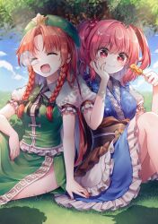 Rule 34 | + +, 2girls, absurdres, blue dress, blue sky, braid, closed eyes, closed mouth, cloud, commentary request, dango, dress, food, food on face, green skirt, green vest, hair bobbles, hair ornament, highres, holding, holding food, hong meiling, long hair, looking at viewer, mitarashi dango, multiple girls, nose bubble, obi, onozuka komachi, open mouth, orange hair, outdoors, parted bangs, pudding (skymint 028), red eyes, red hair, sash, short hair, short sleeves, side braids, silhouette, sitting, skirt, sky, smile, touhou, tree, twin braids, two side up, vest, wagashi
