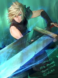 Rule 34 | 1boy, armor, baggy pants, black gloves, blonde hair, blue eyes, buster sword, character name, cloud strife, commentary request, dated, fighting stance, final fantasy, final fantasy vii, fingerless gloves, gloves, hair between eyes, holding, holding sword, holding weapon, huge weapon, kudou asami, looking to the side, male focus, one-hour drawing challenge, pants, parted lips, serious, short hair, shoulder armor, single bare shoulder, sleeveless, sleeveless turtleneck, solo, spiked hair, sweater, sword, turtleneck, turtleneck sweater, twitter username, weapon