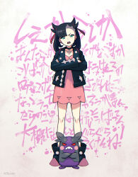 1girl annoyed artist_name asymmetrical_bangs backpack bag black_boots black_choker black_hair black_jacket black_nails boots choker commentary_request creatures_(company) crossed_arms dress earrings full_body game_freak gen_8_pokemon green_eyes hair_ribbon highres jacket jewelry long_sleeves looking_at_viewer marnie_(pokemon) medium_hair morpeko morpeko_(hangry) nail_polish nintendo open_clothes open_jacket open_mouth pink_dress pokemon pokemon_(creature) pokemon_swsh red_eyes red_ribbon ribbon sakino_(sanodon) standing teeth text_background translation_request twintails undercut upper_teeth_only wall_of_text