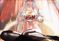 Rule 34 | 1girl, azur lane, breasts, cleavage, enterprise (anniversary ride) (azur lane), enterprise (azur lane), eyes in shadow, large breasts, long hair, midriff, no panties, off-shoulder shirt, off shoulder, official alternate costume, open mouth, shaded face, shirt, silver hair, smile, solo, thighhighs, very long hair, white shirt, zeri (zeristudio)