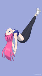 Rule 34 | 1girl, arms behind back, artist name, black pants, blue eyes, blue sports bra, blush, breasts, clip studio paint (medium), commentary, english commentary, floating, full body, head back, highres, leggings, legs up, long hair, long legs, midriff, no socks, open mouth, original, outstretched legs, pants, pink hair, purple background, sanderson, shoes, short eyebrows, simple background, small breasts, sneakers, solo, sports bra, upside-down, v arms, very long hair, white footwear, yoga pants