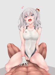 Rule 34 | 1girl, anchor, bad id, bad pixiv id, blue eyes, blush, breasts, censored, clothed sex, clothing aside, competition swimsuit, cowgirl position, girl on top, gloves, grey background, grey hair, hair between eyes, heart, highres, kantai collection, kashima (kancolle), long hair, medium breasts, mosaic censoring, one-piece swimsuit, open mouth, sex, simple background, straddling, swimsuit, white gloves, z5987